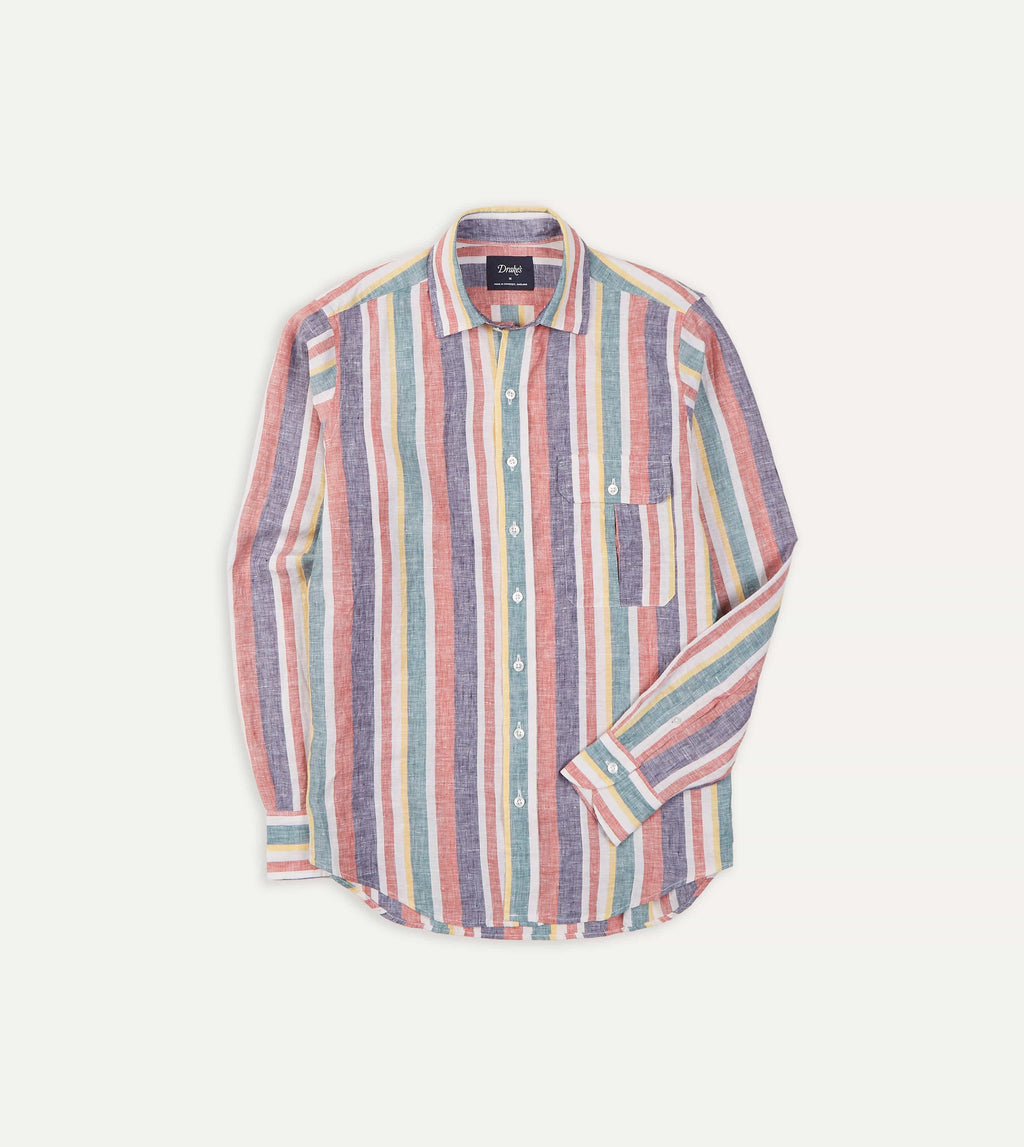 Multicoloured Stripe Linen Spread Collar Shirt – Drake's Archive